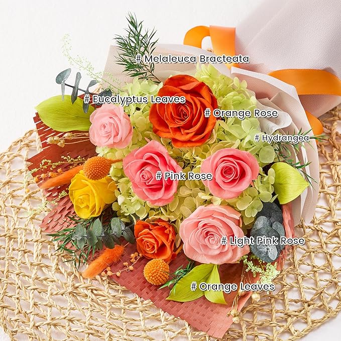 Forever Flowers Gifts for Her, Preserved Flowers Bouquet Birthday Gifts for Women, Preserved Roses for Grandma Wife Anniversary Valentine's Day Mother's Day (7Roses, Orange)