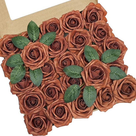 Artificial Flowers, 25pcs Terracotta Artificial Rose for DIY Wedding Bouquets Centerpieces Arrangements, Foam Roses with Stems for Bridal Shower Party Home Decorations