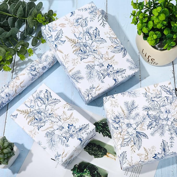 JarThenaAMCS Blue Gold Floral Wrapping Paper -Mini Roll- 17In x 32.8Ft Flower Berry Gift Wrap Paper Decorative Art Paper for Wedding Birthday Gift Packing Supplies