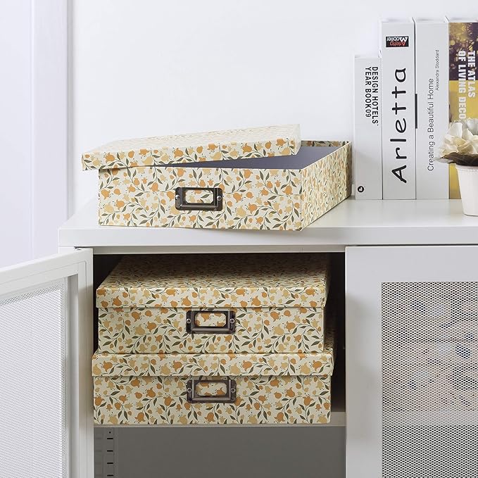 Soul & Lane Decorative Cardboard Storage Boxes With Lids, Set of 3 Nesting Floral Photo Storage for Home Décor and Scrapbook Paper, Memory Boxes For Keepsakes, Documents, Organizing