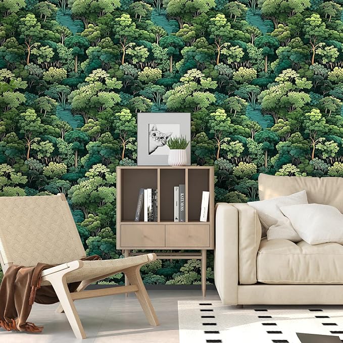 Forest Wallpaper Peel and Stick, Green Trees Contact Paper, Vintage Woodland Mountain Botanical Wall Paper Self Adhesive Waterproof Removable for Room Shelves Cabinet Drawer Table Decor 17.5" x 118"