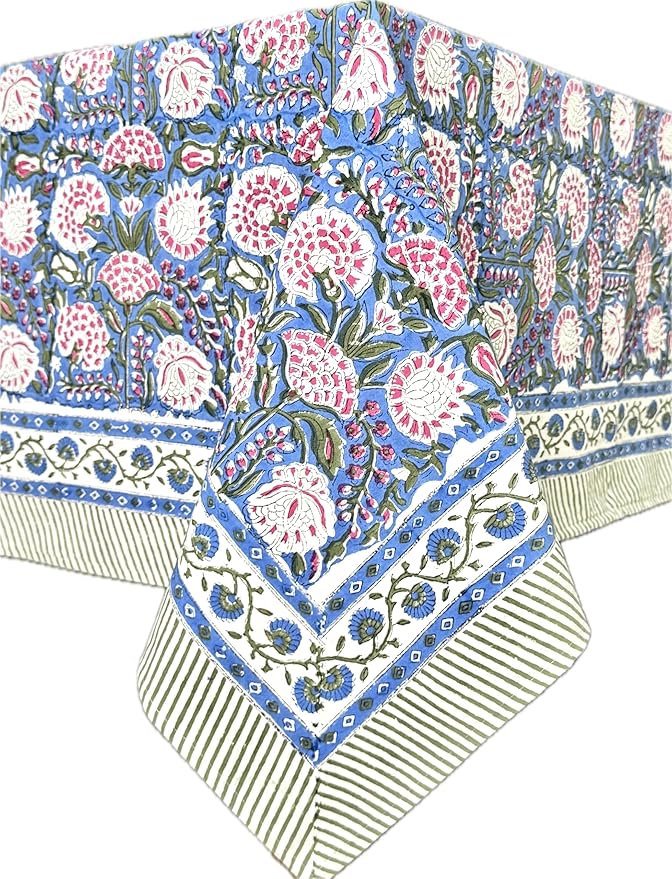 ATOSII Clover Pink 100% Cotton Rectangle Boho Fall Tablecloth, Handblock Floral Table Cloth Linen for Kitchen Dining I Parties Wedding Outdoors Christmas Thanksgiving I 72 X 120 Inches I 10 Seater