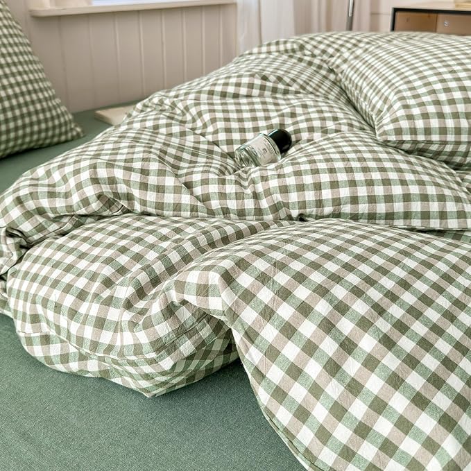 LifeTB Green Gingham Comforter Set Full Size Boho Plaid Checkered Pattern Comforter Geometric Grid Plaid Printed Bedding Comforter Set with 2 Pillowcases Fluffy Soft Gingham Bedding Set Full Size