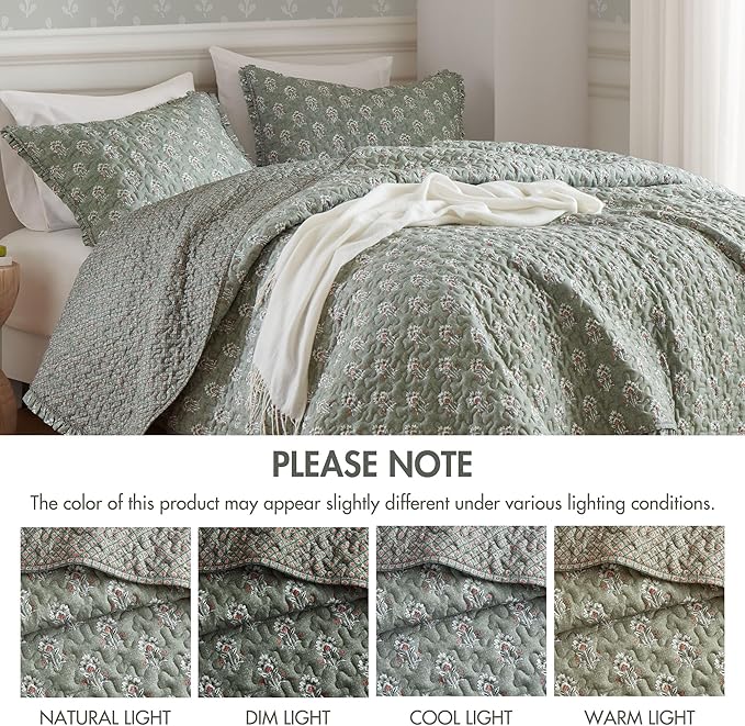 Madison Park Vintage Floral Quilt Set Queen Size, Reversible Bedding & Lightweight Bedspread Set, Traditional Block Print Coverlets with Ruffled Edge, 3-Piece with 2 Shams, Sage Green