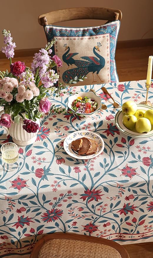 Designer Linen Rectangle Tablecloth,Vintage William Morris Wrinkle Resistant Floral Table Cloth,Decor Table Cover for Kitchen,Dining,Thanksgiving,Christmas,Party,63"*87"-Dorodango B