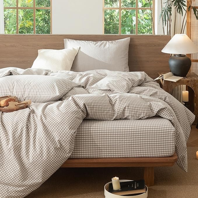 MooMee Gingham Duvet Cover Set 100% Washed Cotton Linen Like Textured Breathable Durable Soft Comfy Modern Checkered Design (Mini Gingham Tannish Linen Grey, Palatial King/Oversized King 120"x98")