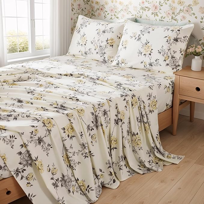 FADFAY Floral Sheets Set Twin Vintage Rose Floral Bedding Shabby Grey and Yellow Peony Sheets Farmhouse Bedding 800 Thread Count 100% Egyptian Cotton Soft Deep Pocket Fitted Sheet 4Pcs, Twin Size