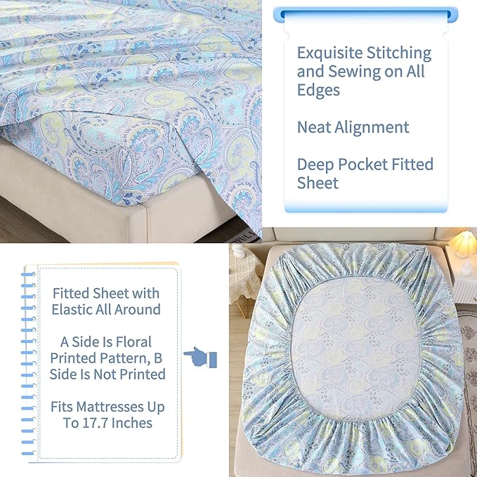 RYNGHIPY Cotton Sheets Floral Print King Size Sheet Sets Flower Botanical Pattern Egyptian Cotton Bed Sheets Soft and Breathable Deep Pockets (Blue,King Size)