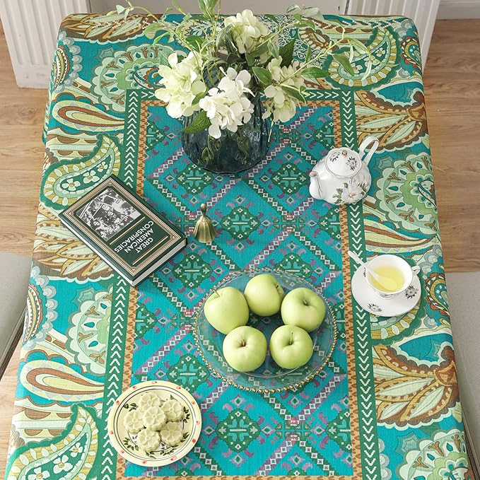 Designer Green Table Cloth Rectangle Table,Vintage Linen Wrinkle Resistant Durable Froal Tablecloth,Decor Table Cover for Home Christmas Thanksgiving Living Room Dining 55" × 79"-Milen