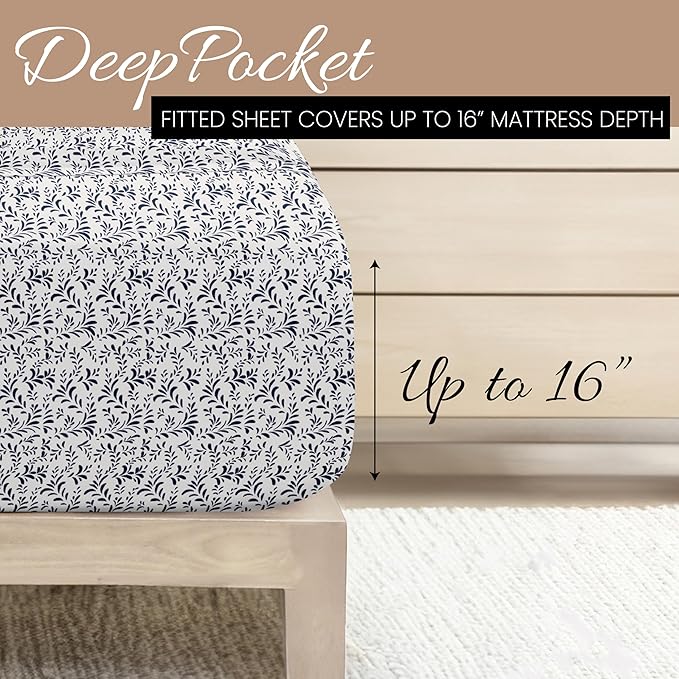 Linen Market Double-Brushed Patterned Microfiber Full Sheet Set 4 Piece – Oeko-TEX Certified Ultra Soft & Wrinkle-Free - 16" Deep Pocket Sheets - Easy Care Full Size - Burst of Vines Navy