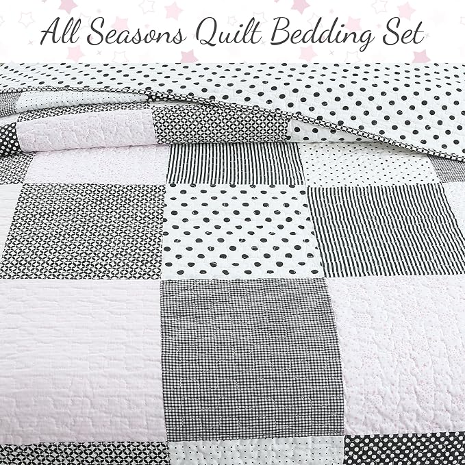 Cozy Line Home Fashions Black White Pink Polka Dots Striped Star Girl 100% Cotton Reversible Quilt Bedding Set, All-Season Coverlet Bedspread (Black Pink, Twin - 2 Piece)