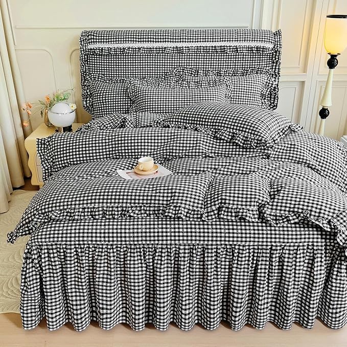 LifeTB Queen Comforter Set Black Gingham Comforter Vintage Ruffle Checkered Pattern Comforter Set Boho Grid Plaid Bedding Comforter Fluffy Soft Chic Gingham Bedding Set Queen Size for All Season