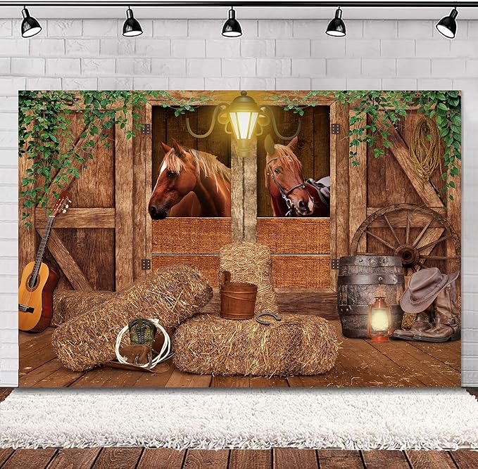 SVBright Western Backdrop 5Wx3H Cowboy Birthday Banner Wild West Horse Barn Door Old Wood Wheels Green Leaves Garage Door Boy Man Decorations Photography Background Banner Photo Booth Studio