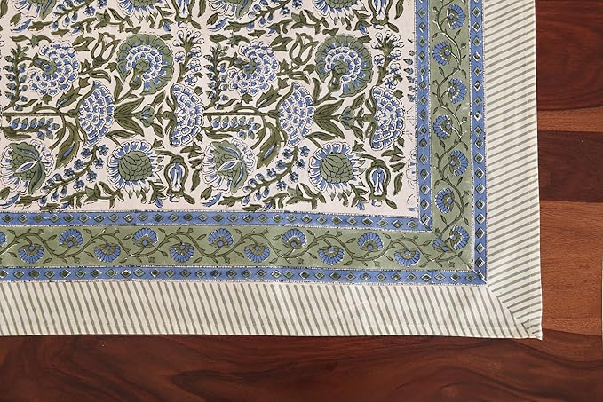 ATOSII Clover Blue 100% Cotton Rectangle Spring Tablecloth, Handblock Floral Linen Table Cloth for Dining Table I Parties Outdoors Fall Christmas Thanksgiving Holidays Decor 72 X 140 Inches, 12 Seater