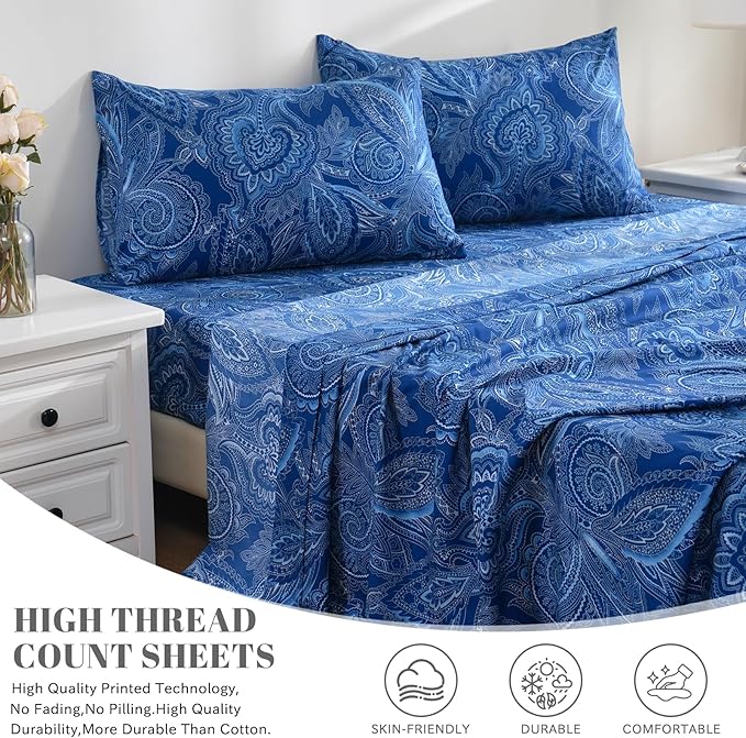 Bedlifes King Sheet Set Ultra Soft, Breathable, Silky Flower Deep Pocket 100% Microfiber Bedding, 4 Piece King Size Paisley Dark Navy Blue
