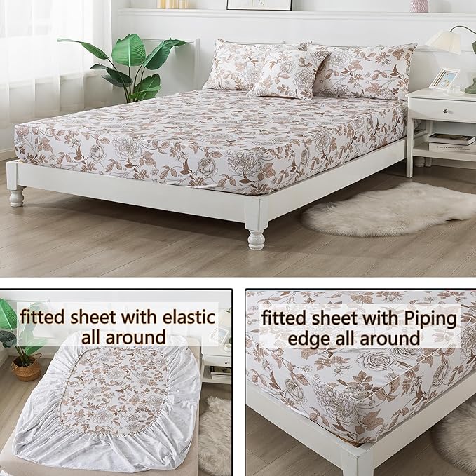FADFAY Sheets Set Twin Vintage White and Brown Floral Bedding Elegant Peony Sheets Set Shabby Rose Farmhouse Bedding 100% Egyptian Cotton 800 Thread Count Deep Pocket Fitted Sheet 4Pcs, Twin Size