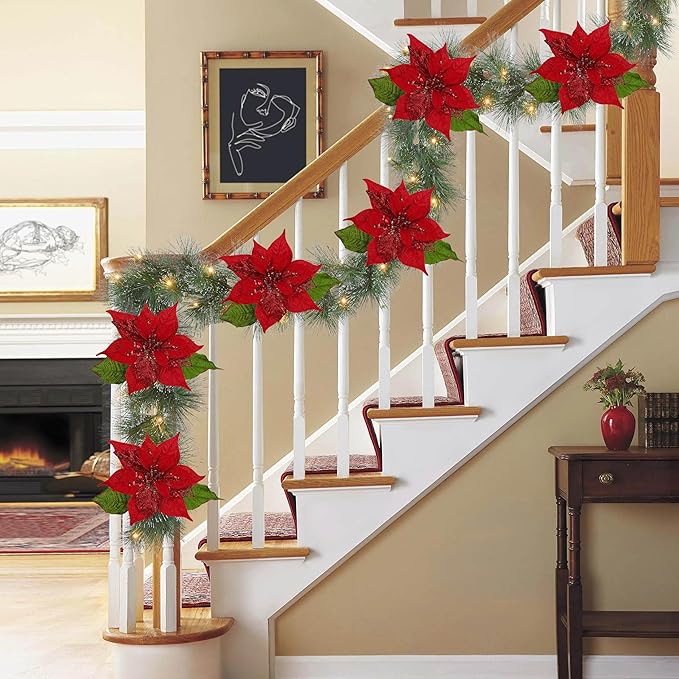 10" Poinsettia Flower Artificial for Christmas Tree Decor, 3 Pcs Faux Glitter Poinsettias Stems for DIY Xmas Wreath & Garland, Christmas Ornaments for Home Party & Holiday Decorations, Dark Red