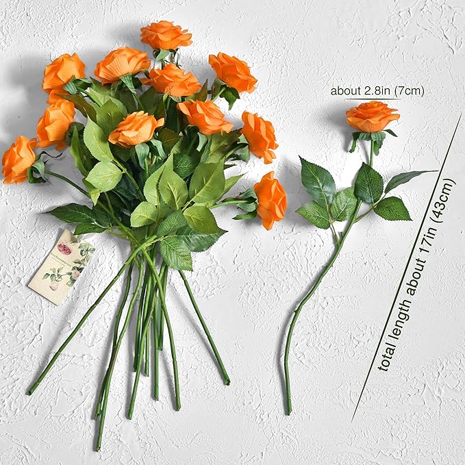 FiveSeasonStuff Silk Roses Artificial Flowers for Decoration, Home Decor Centerpiece for Tables, Wedding Bridal Bouquet of Flowers Real Touch Roses 12 Stems (Orange)