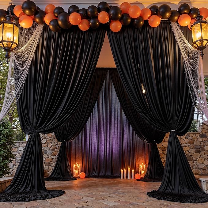 PartyVillage 40ft×15ft Black Backdrop Curtain for Halloween Parties, 8 Panels Wrinkle Free 15 FT Long Polyester Photo Backdrop Drapes Back Drop Cloth for Birthday Photography Background