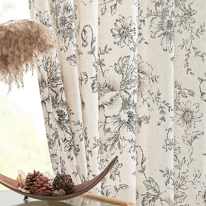 jinchan Pinch Pleated Curtains Floral Linen Blend Curtains for Living Room 90 Inches Length Black Peony Flower Printed Curtain Rod Pocket Back Tab Farmhouse Pinch Pleat Drapes with Hooks Set 2 Panels
