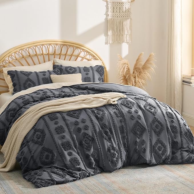 Bedsure Boho Duvet Cover Queen Size - Dark Grey Tufted Boho Bedding, Farmhouse Shabby Chic Embroidery Bedding for All Seasons, 3 Pieces, 1 Soft Jacquard Queen Comforter Cover and 2 Pillow Shams