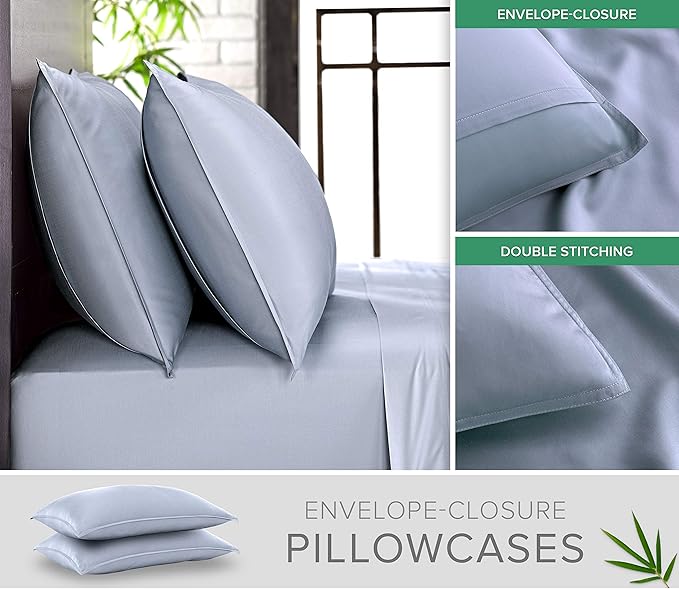 Pure Bamboo Split King Sheets, Genuine 100% Organic Viscose Derived from Bamboo Bed Sheet Set, Soft & Cooling, Double Stitching, 2 Fitted Sheets (Split King, Sterling Blue)
