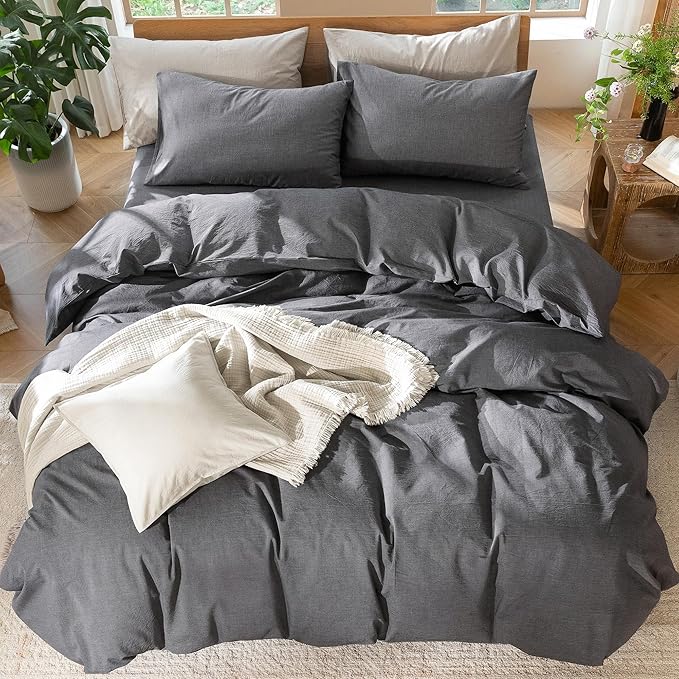 MooMee Bedding Duvet Cover Set 100% Washed Cotton Linen Like Textured Breathable Durable Soft Comfy (Heathered Dark Grey, Super King Plus 120"x120")