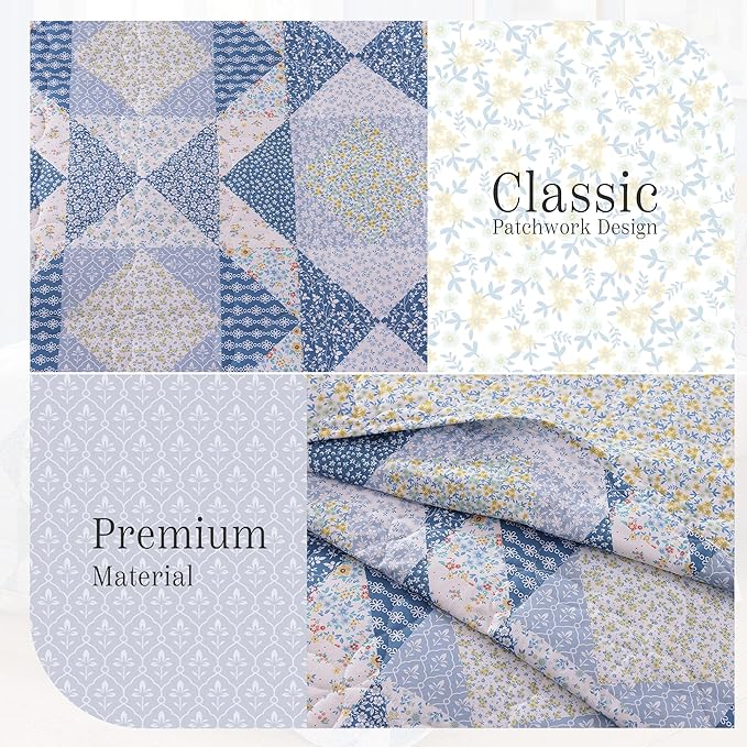 Quilt Set Queen Size, Patchwork Blue Marigold Floral Quilt Sets, Reversible Bedspread Lightweight and Breathable for All Seasons, Soft Quilted Bedspread with 2 Pillow Shams
