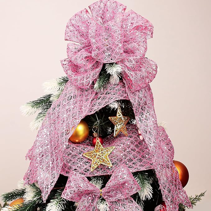 VATIN 6" Pink Christmas Ribbon, Pink Glitter Mesh Diamond Web Sequin Dots Wired Christmas Ribbon for Gift Wrapping Bow Making Wreath Supply-10 Yards