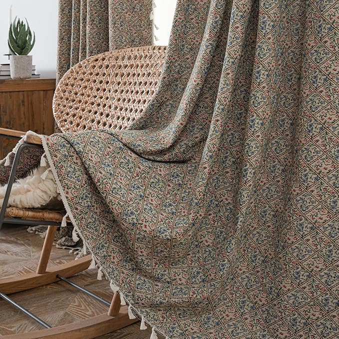 ENJOYBRIDAL Floral Living Room Curtains 63 Inch Length Boho Drapes Short Jacquard Semi Sheer Bedroom Window Curtains Patterned Farmhouse Country Rod Pocket Aesthetic Tassel 2 Panels Window Treatments
