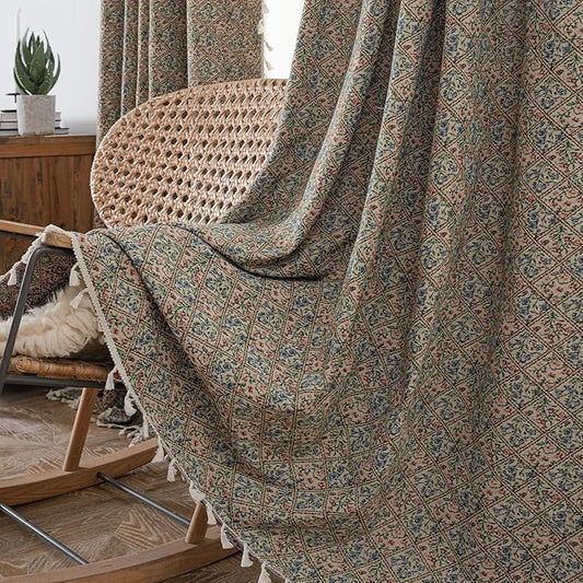 ENJOYBRIDAL Floral Living Room Curtains 96 Inch Long Boho Drapes Jacquard Semi Sheer Bedroom Patterned Window Curtains Farmhouse Country Rod Pocket Aesthetic Tassel 2 Panels Window Treatments
