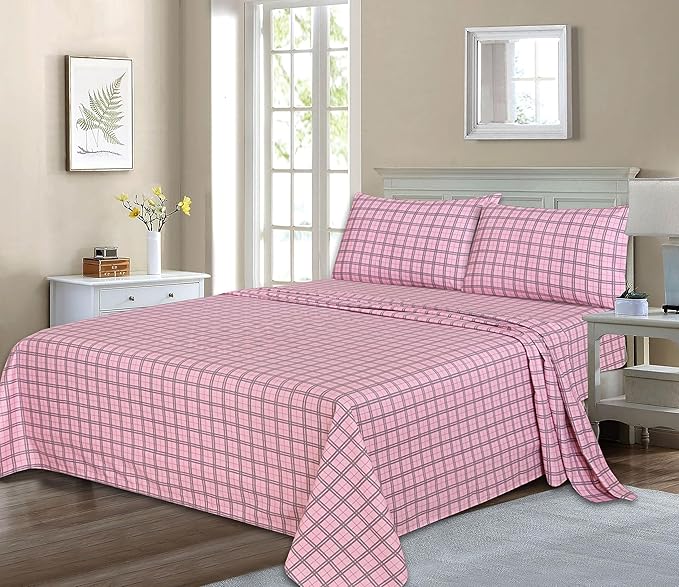 RUVANTI Flannel Sheets Queen Size - 100% Cotton Double Brushed Bed Sheets, Deep Pockets 16 Inches Queen Sheet Set, All Seasons Breathable & Extra Soft - Warm & Cozy, 4 Piece, Check & Bolt Pink