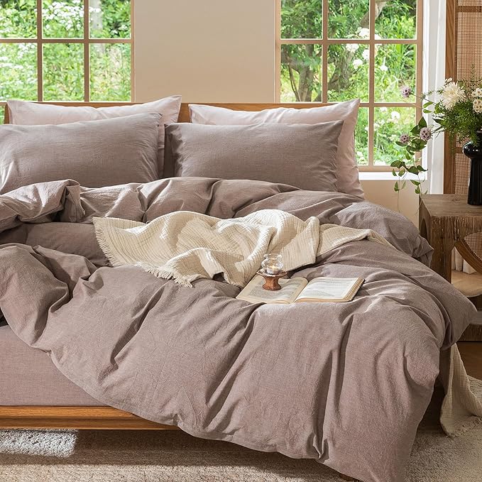 MooMee Bedding Duvet Cover Set 100% Washed Cotton Linen Like Textured Breathable Durable Soft Comfy (Heathered Mauve Brown, Alaska King 132"x120")