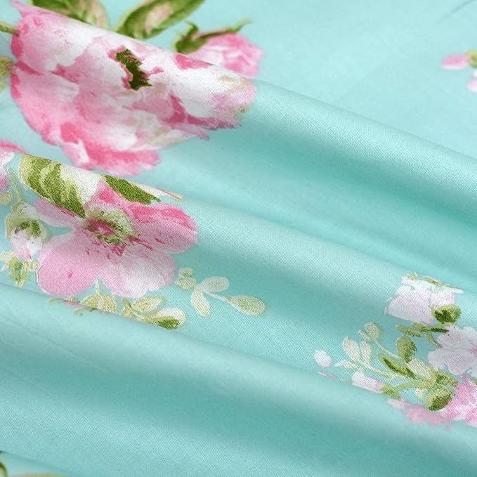 FADFAY Shabby Floral Duvet Cover Set Pink Grid Cotton Farmhouse Bedding with Hidden Zipper Closure 3 Pieces, 1duvet Cover & 2pillowcases,Queen Size