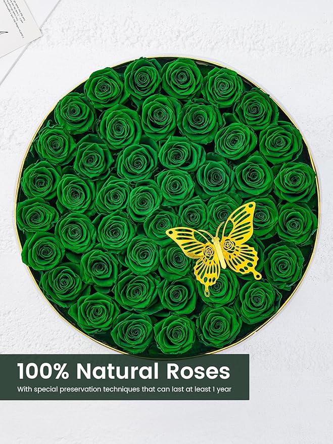 Preserved Roses Forever Flowers Real Roses in a Box Mother's Day Birthday Flowers for Her Mom Women Wife Valentine's Day, Green, 47 Piece