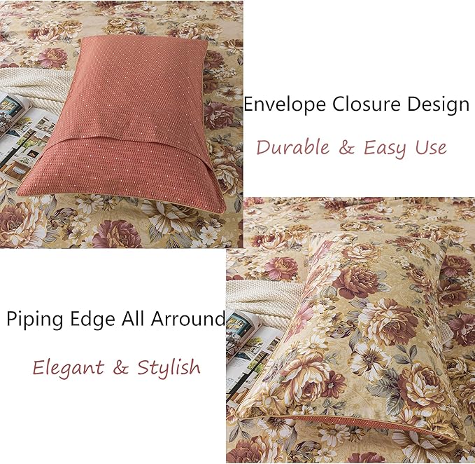 FADFAY College Duvet Cover Set Twin XL Vintage Tan Peony Floral Bedding Classic Shabby Dorm Room Comforter Cover Set 100% Cotton Soft Quilt Cover with Hidden Zipper Closure 3 Pieces, Twin XL Size
