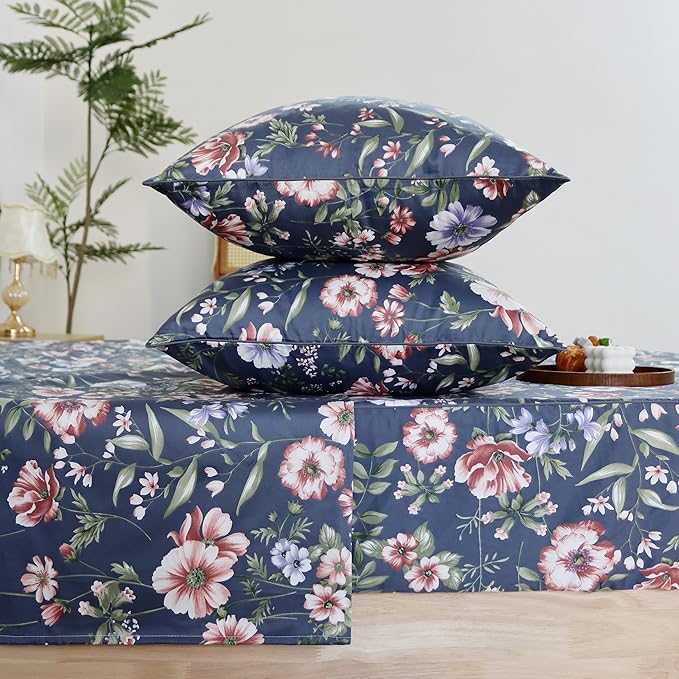 FADFAY Sheets Set King Vintage Dark Blue Floral Bedding Shabby Peony Floral Sheets Navy French Country Farmhouse Bedding 800 Thread Count 100% Egyptian Cotton Deep Pocket Fitted Sheet 4Pcs, King Size