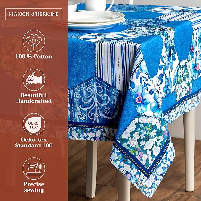 Maison d' Hermine Table Cloth Rectangle Table 100% Cotton 60 x 120 Inches Tablecloth Reusable Decorative for Dining Room, Farmhouse, Home, Party, Festive & Wedding Spring Summer - Summer Blues