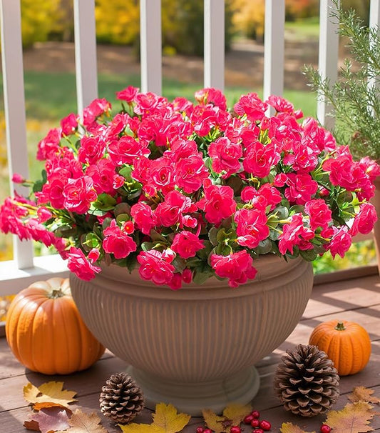 Ivydale Artificial Fake Camellia Flowers Plants for Outdoor Outside Fall Decoration, Faux Silk Hotpink Camellias UV Resistant Look Real for Planter Porch Patio Garden Yard, 3 Large Bundles
