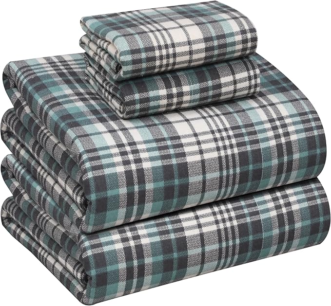 RUVANTI Flannel Sheets Queen Size - 100% Cotton Double Brushed Bed Sheets, Deep Pockets 16 Inches Queen Sheet Set, All Seasons Breathable & Extra Soft - Warm & Cozy, 4 Piece, Mint Grey