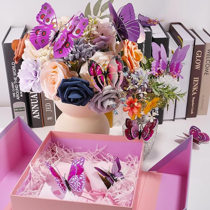 SAOROPEB 3D Butterfly Wall Decor, 48 Pcs Double Layer Butterfly Decorations for Party Decorations Locker Decor Refrigerator Decal, Reusable (Purple)