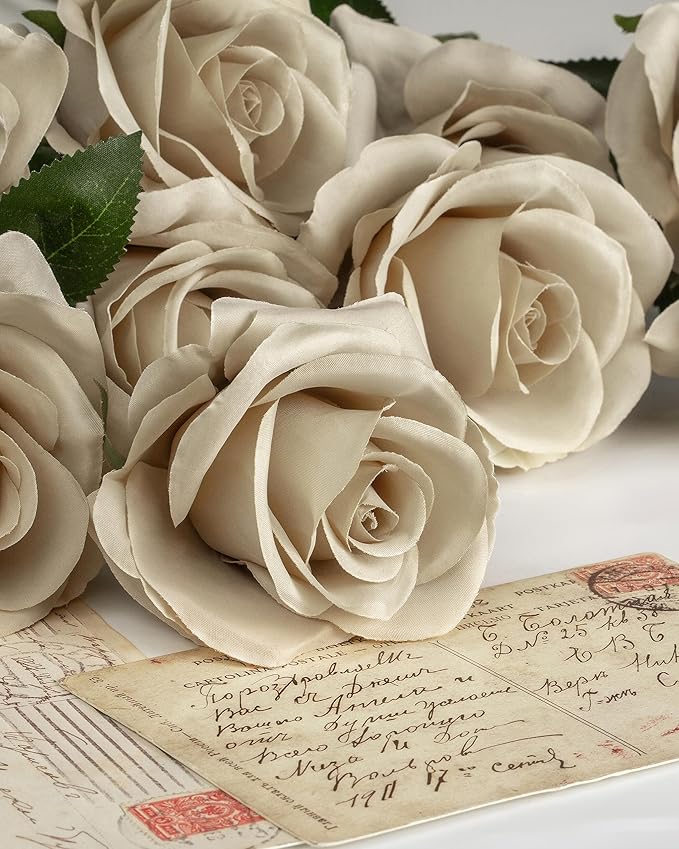 DuHouse 10pcs Silk Roses Artificial Flowers Fake Rose for Arrangement Wedding Party Home Decoration (Sand)