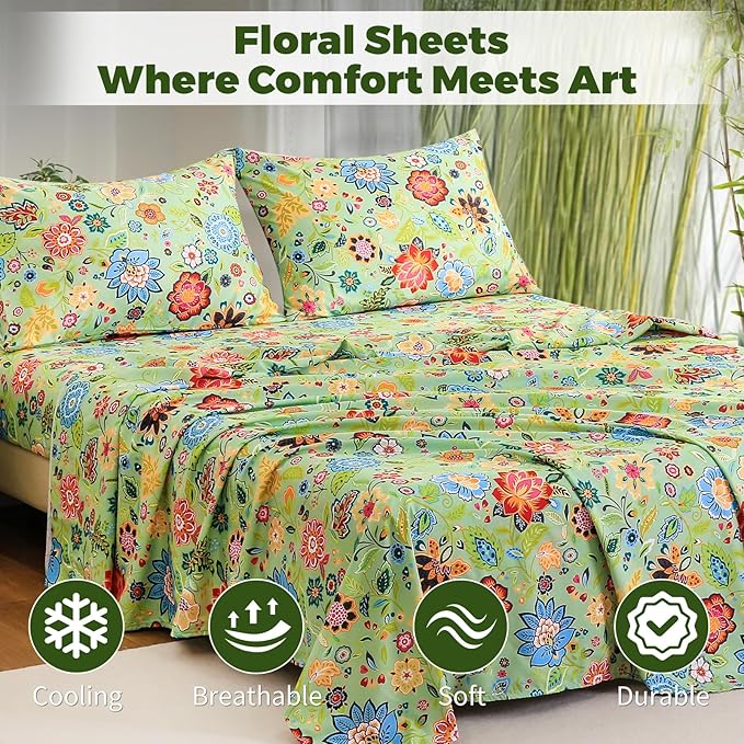 Bedlifes California King Floral 4-Piece Sheet Set - Cooling Sheets Blend Rayon Derived from Bamboo,Soft & Breathable, Deep Pocket 16", Wrinkle Resistant - Vibrant Boho Floral Sage Green
