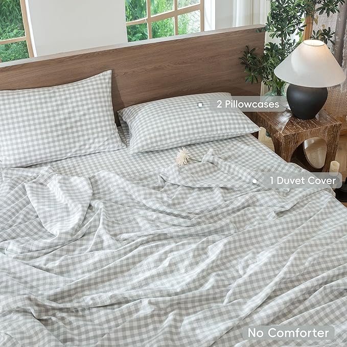 MooMee Gingham Duvet Cover Set 100% Washed Cotton Linen Like Textured Breathable Durable Soft Comfy Modern Checkered Design (Northern Droplet Grey Gingham, Queen 90"x90")