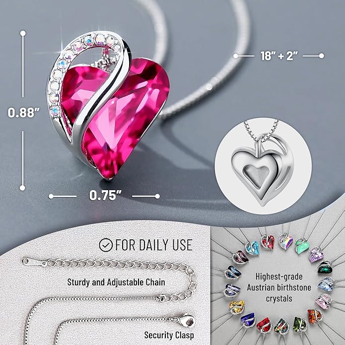 Leafael Necklaces for Women, Infinity Love Birthstone Heart Crystal Pendant, Birthday Jewelry Gifts for Her, Mom, and Wife, Silver Plated, 18 plus 2 inch Adjustable Chain