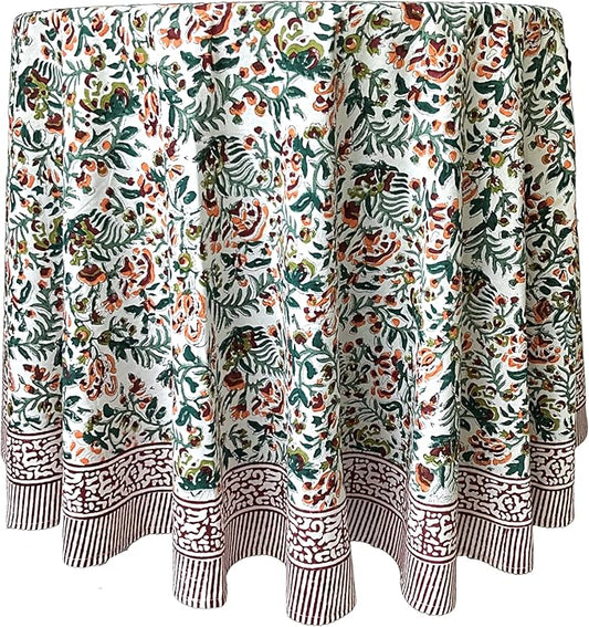 ATOSII Ambrosia Green 100% Cotton Round Tablecloth, Handblock Print Floral Table Cloth for Kitchen Dining Linen I Weddings, Outdoors, Thanksgiving, Christmas I Fall Home Decor I 72" Inches Round