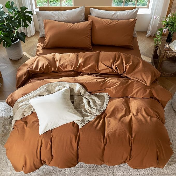 MooMee Bedding Duvet Cover Set 100% Washed Cotton Linen Like Textured Breathable Durable Soft Comfy (Solid Dark Orange, Cal King 104"x98")
