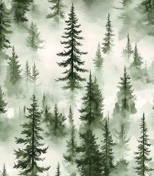 Foggy Forest Wallpaper Peel and Stick,Green Pine Trees Contact Paper,Misty Woodland Landscape Wall Paper Mural Self Adhesive Waterproof Removable for Bathroom Shelves Cabinet Drawer Table 17.5" x 118"