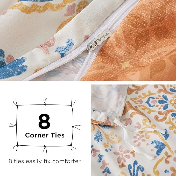 Bedsure Duvet Cover Queen Size - Reversible Floral Duvet Cover Set with Zipper Closure, 3 Pieces Bohemian Orange Bedding Set with 8 Corner Ties and 2 Pillow Shams 20"x26"