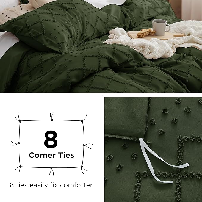 Bedsure Boho Oversized King Duvet Cover,Dark Green Breathable & Soft Boho Bedding,Machine Washable Comforter Cover for All Seasons, Includes 1 Duvet Cover 120"x98" with 2 Pillow Shams & Zipper Closure